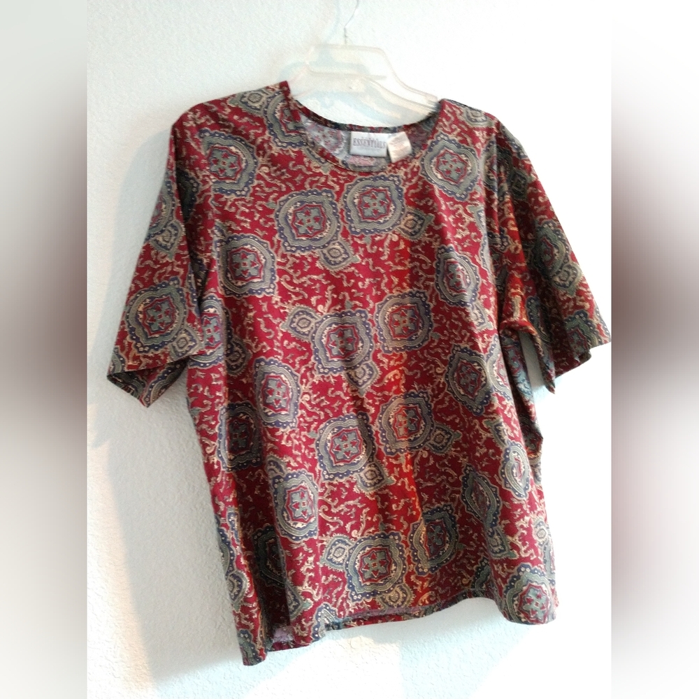 Vintage Essentials Worthington Woman Blouse Shirt Short Sleeve Red Beige 20W - Picture 3 of 6